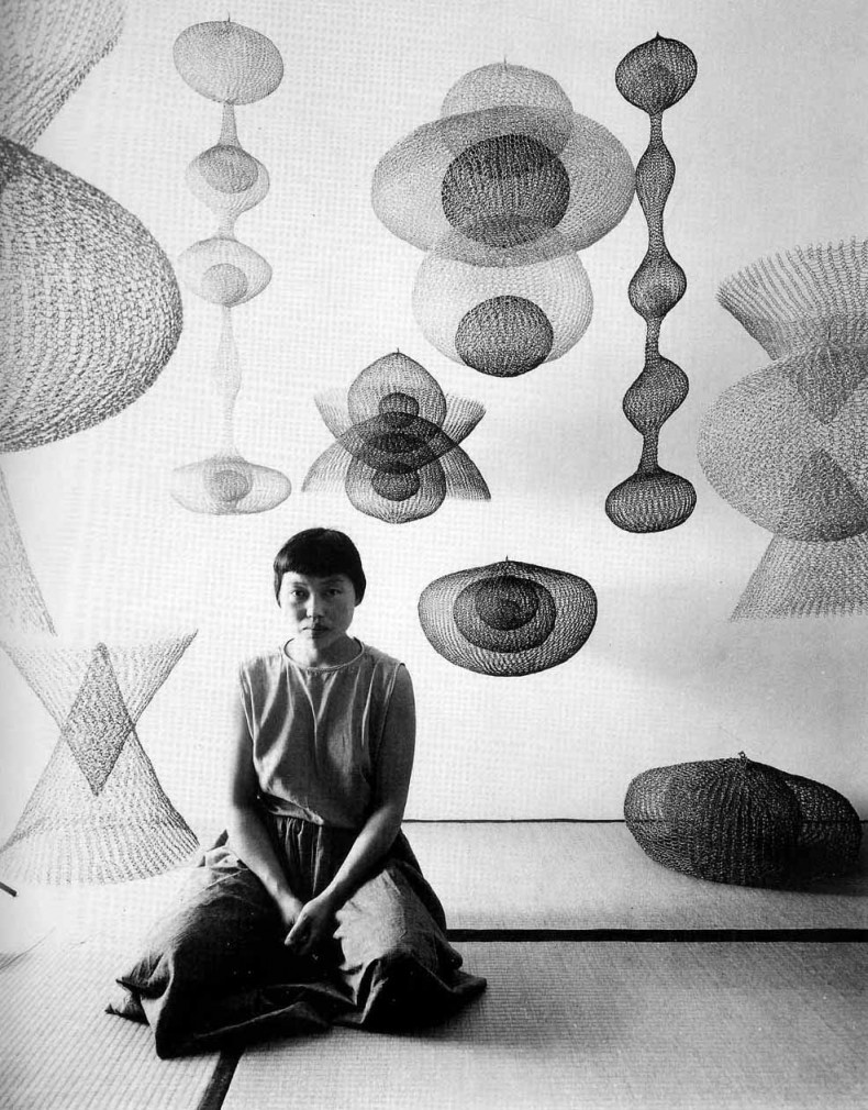 Ruth Asawa — in her home with her crocheted wire sculptures (1954)